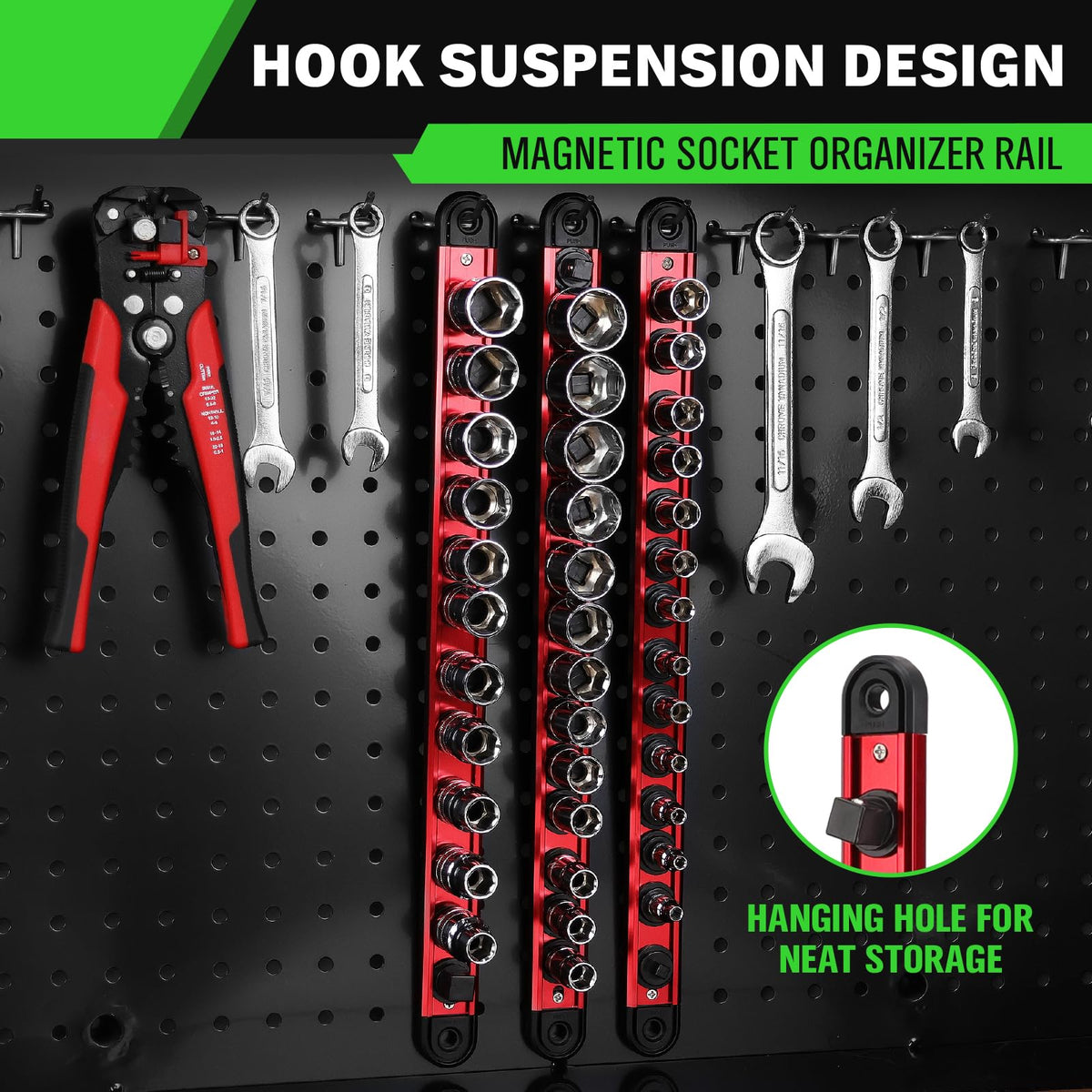 1/2-Inch Magnetic Socket Organizer Rail, Aluminum Alloy Socket Rail, Heavy Duty Sockets Holder with 12 Clips, 360° Swivel Clip Tool Tray, Sockets Organizer for Tool Box Drawer (Red)