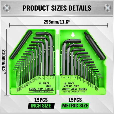 32-Piece Hex Key Allen Wrench Set, SAE and Metric Allen Keys MM(0.7mm-10mm) SAE(0.028"-3/8), L Shape, Chrome Vanadium Steel, Easy Organization