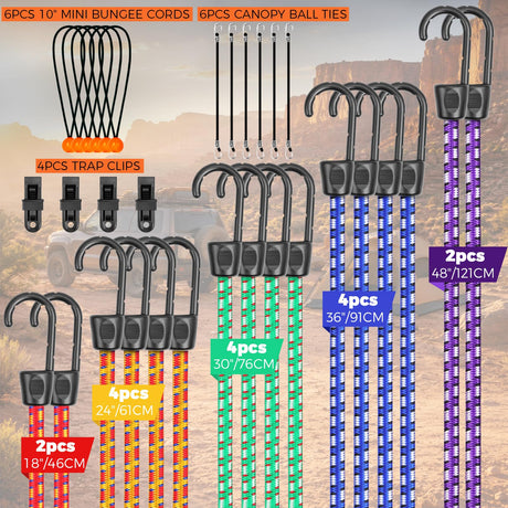 32-Piece Bungee Cords with Hooks - 18" 24" 30" 36" 48" Bungee Cords Heavy Duty Outdoor, 10" Mini Elastic Cord Straps, Canopy Tarp Ball Ties, Tarp Clips, with Storage Bag