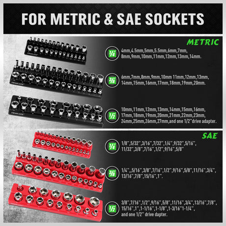 6-piece Magnetic Socket Organizer Set, Metric & SAE Drive Socket Holder, Includes 1/4", 3/8", 1/2", Holds 143 Pieces Magnetic Trays Red Black
