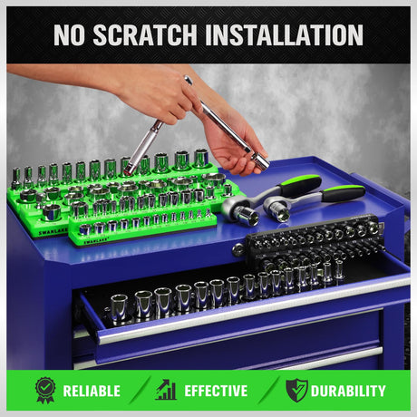 Magnetic Socket Organizer Holder Tool: 8PCS Set includes 2PCS 1/4", 4PCS 3/8", 2PCS 1/2" Drive Socket Storage Trays Toolboxs, Holding 199 Slots Soft Rubber Covering Black Green (sockets not included)