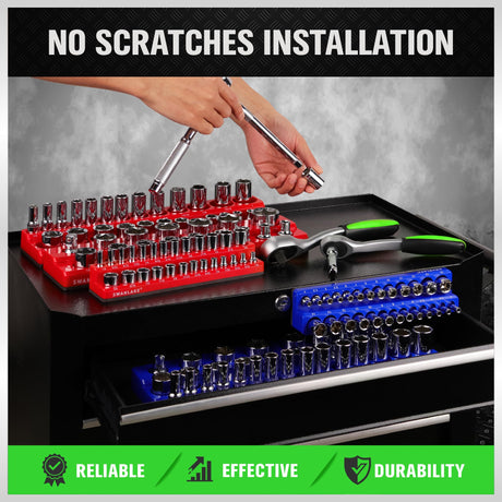 Magnetic Socket Organizer Set, 6PCS Socket Holder, 1/4", 3/8", 1/2" Sockets Holds 143 Pieces Magnetic Sockets Trays (Blue&red, 6 Pcs)