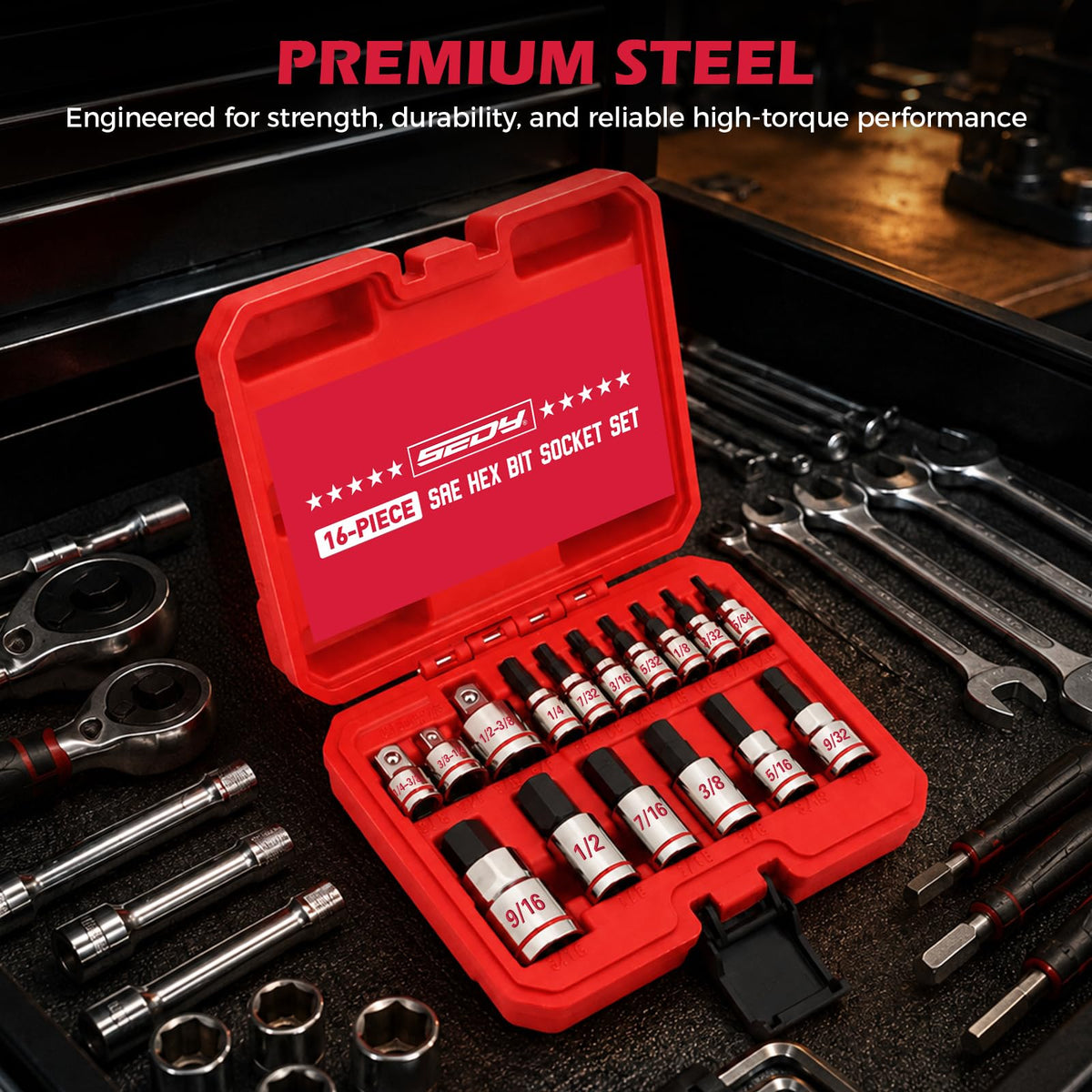 16-Piece SAE Hex Bit Socket Set, Premium S2 Steel, 5/64" - 9/16" Sockets