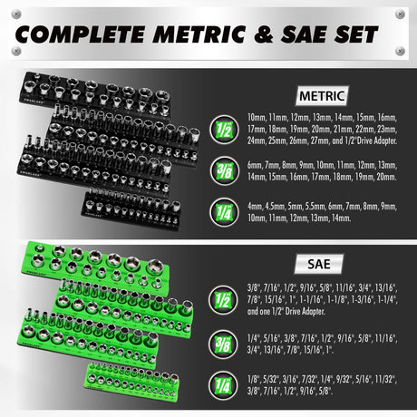 10-Piece Magnetic Socket and Wrench Organizer Set, 1/4", 3/8", 1/2" Drive Metric SAE Socket Organizer, Magnetic Wrench Holder 30 Slots Total, Tool Box Organizers (Sockets Wrenches not Included)
