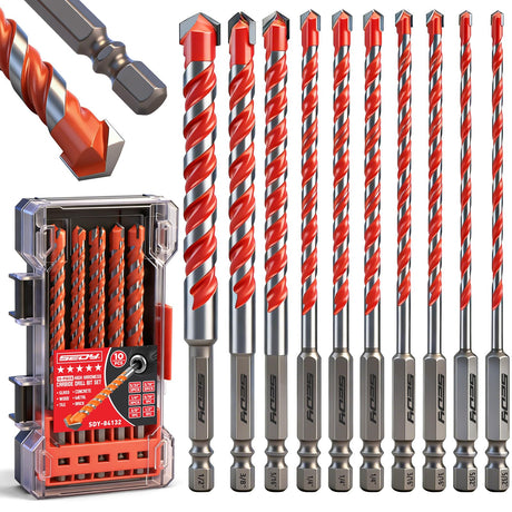10-Piece Masonry Drill Bit Set, 6-Inch Carbide Tipped Concrete Drill Bits with Hex Shank for Brick, Cement, Tile, Wood and Light Metal, Fast Drilling and Chip Removal