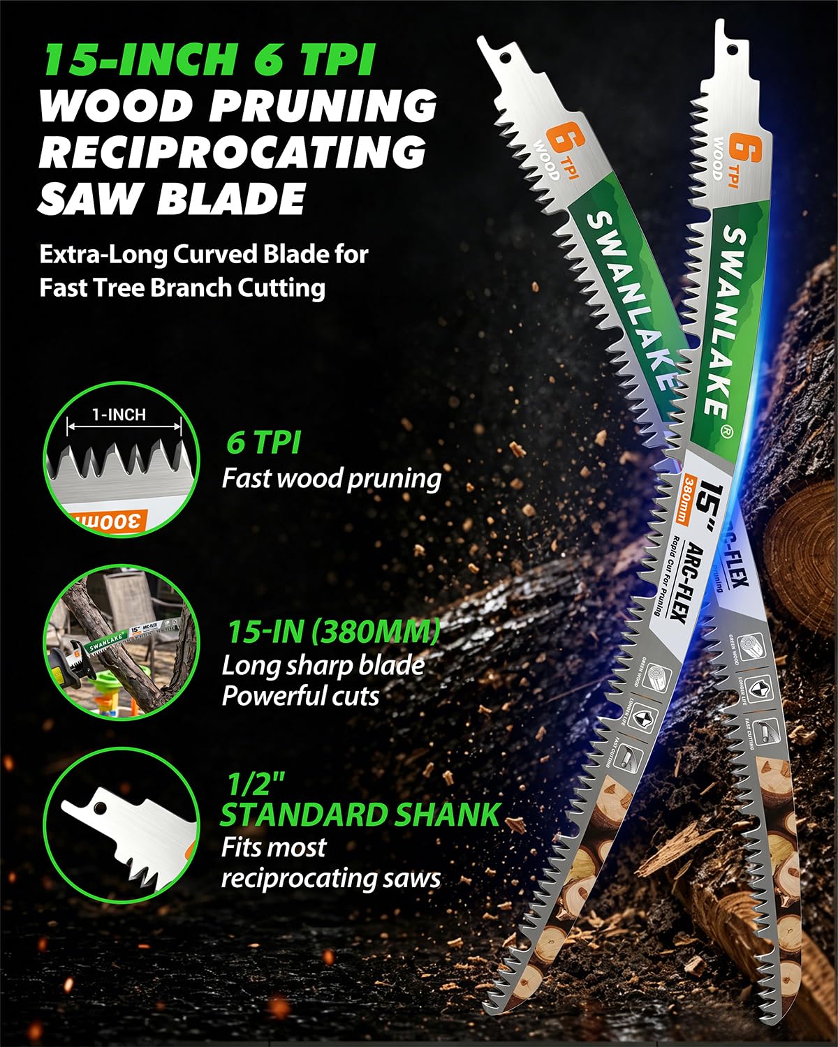 15-Inch Reciprocating Saw Blades, 3-Pack 6TPI Arc Edge for Pruning