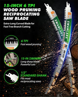 15-Inch Reciprocating Saw Blades, 3-Pack 6TPI Arc Edge for Pruning