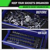 1/2-Inch Magnetic Socket Organizer Rail, Aluminum Alloy Socket Rail, Heavy Duty Sockets Holder with 12 Clips, 360° Swivel Clip Tool Tray, Sockets Organizer for Tool Box Drawer (Blue)