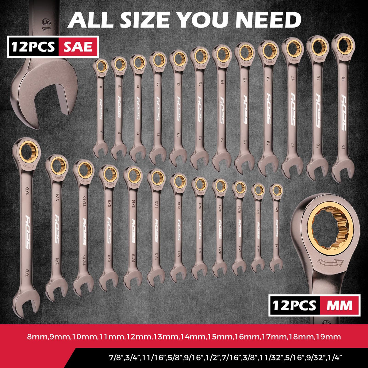 Premium 24-Piece Ratchet Wrenches Set with Magnetic Organizer, SAE 1/4"-7/8" & Metric 8mm-19mm, Cr-V Steel Ratcheting Wrench Set, Ratchet Combination Wrench Set for Automotive, Machine Repair