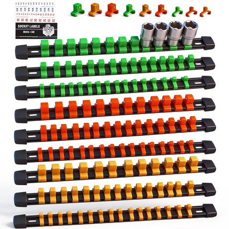 SWANLAKE Organizer Socket Holder, 9PCS 1/4-Inch x 48 Clips, 3/8-Inch x 45 Clips, 1/2-Inch x 36 Clips, Premium Quality Socket Clip Rail Holder