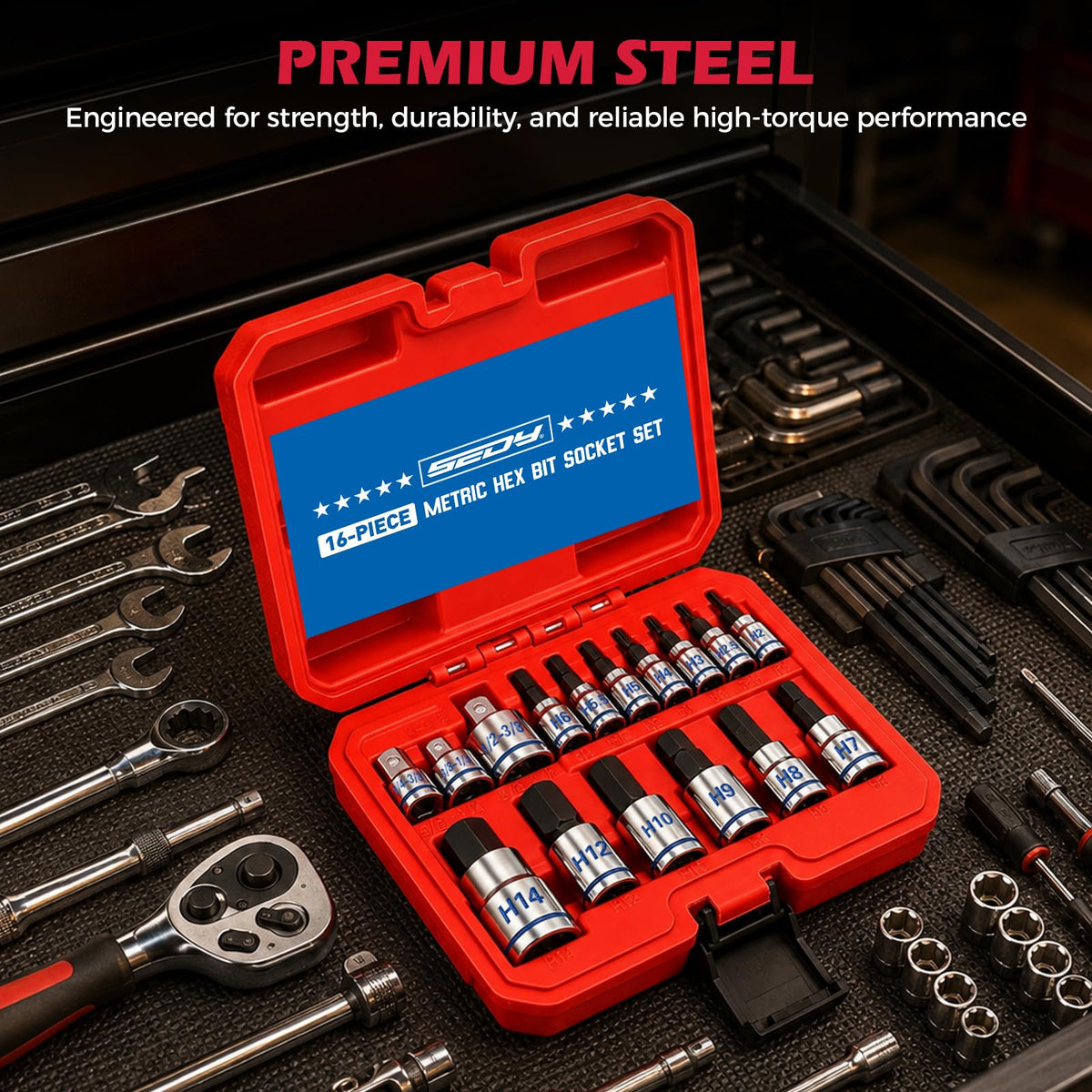 16-Piece Metric Hex Bit Socket Set, Premium S2 Steel, 2-14mm Allen