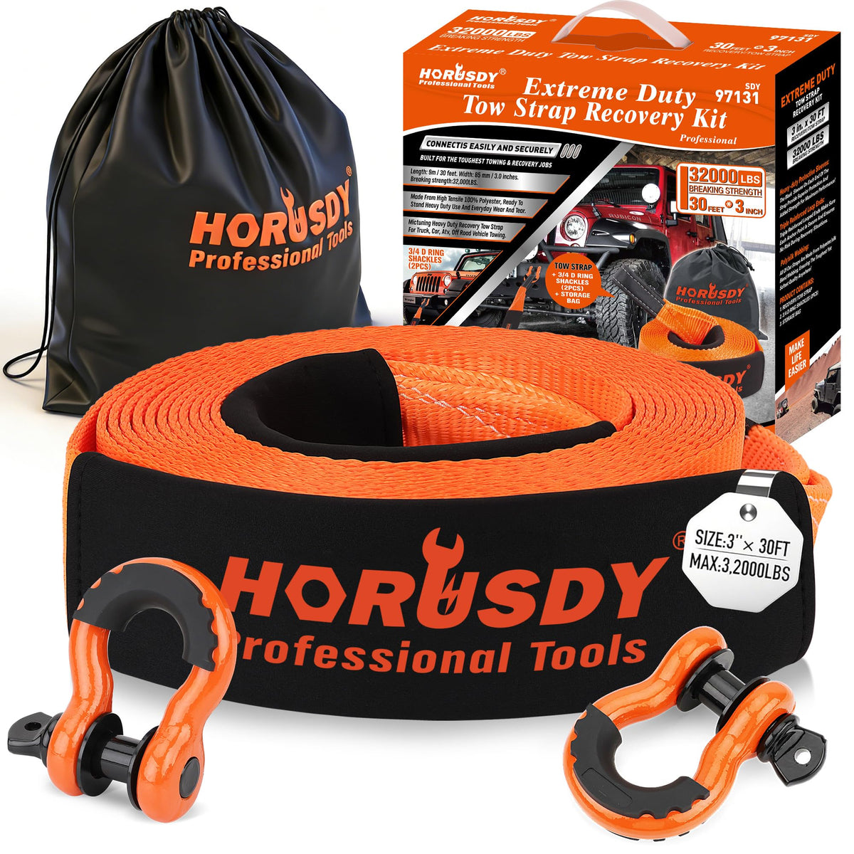 HORUSDY Nylon Heavy Duty Tow Strap Recovery Strap with Hooks 3" x 30Ft - 32,000 LBS Break Strength, 3/4 D Ring Shackles (2pcs), Recover Your Vehicle Stuck in Mud/Snow