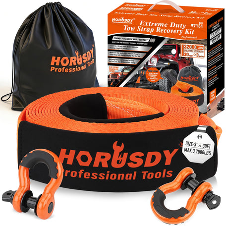 HORUSDY Nylon Heavy Duty Tow Strap Recovery Strap with Hooks 3" x 30Ft - 32,000 LBS Break Strength, 3/4 D Ring Shackles (2pcs), Recover Your Vehicle Stuck in Mud/Snow