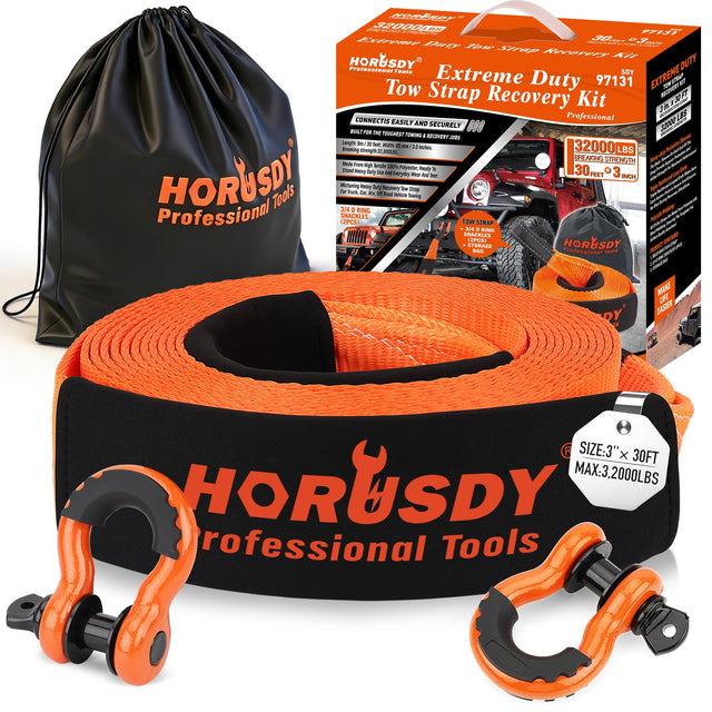 HORUSDY Nylon Heavy Duty Tow Strap Recovery Strap with Hooks 3" x 30Ft - 32,000 LBS Break Strength, 3/4 D Ring Shackles (2pcs), Recover Your Vehicle Stuck in Mud/Snow
