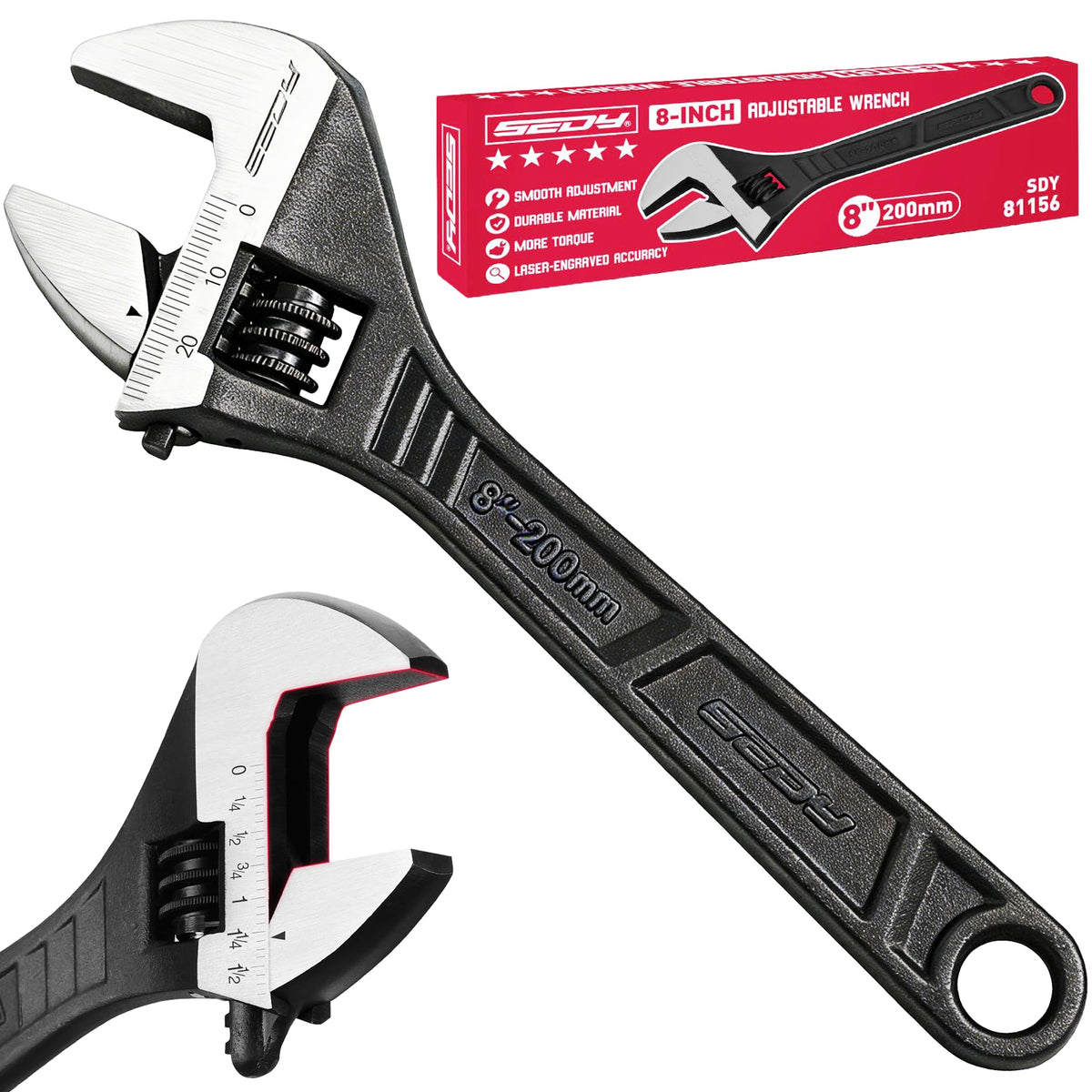 8-Inch Adjustable Wrench, Black Oxide Finish Wide Jaw Spanner with Inch/Metric Scale, Premium Drop Forged Steel for Automotive Plumbing and Household Repairs