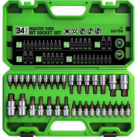 34-Piece Torx Bit Socket Set, Tamper Proof T6-T70, Solid Star Bits Set, Premium CR-V & S2 Alloy Steel Star Socket Sets, Torque Bit Sets with Storage Case