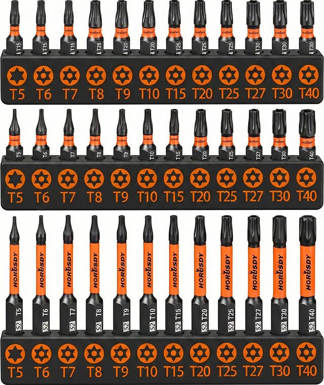 HORUSDY Torx Bit Set, 36pcs Security Torx Bit Set,Tamper Proof Star Bits (T5-T40) for Impact Driver, S2 Steel Screwdriver 1" & 2.3" Long,Torque Security Bits with Storage Box