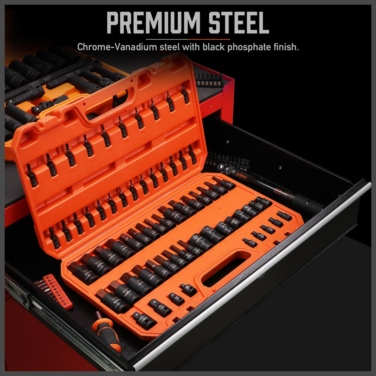 HORUSDY 66-Piece Allen Socket Set, Torx Bit & Female External Star Sockets | Durable S2 Steel SAE & Metric Kit for Automotive, Motorcycle & Home Repair | T8-T70, E4-E24 with 4 Impact Adapters