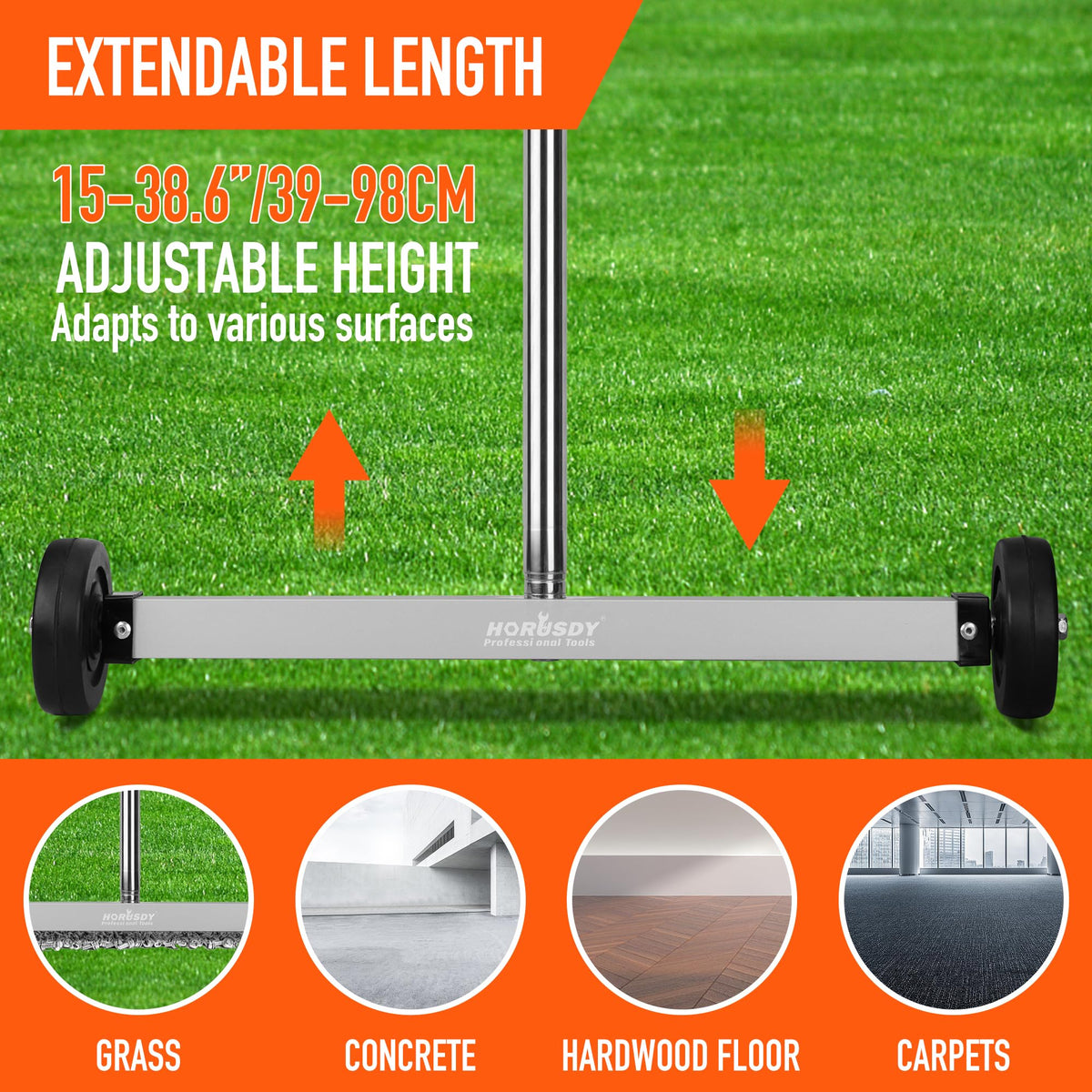 HORUSDY 17-Inch Rolling Magnetic Sweeper with Wheels | Adjustable Handle | 8.8-Pound Capacity Heavy-Duty Magnet to Pick Up Nails