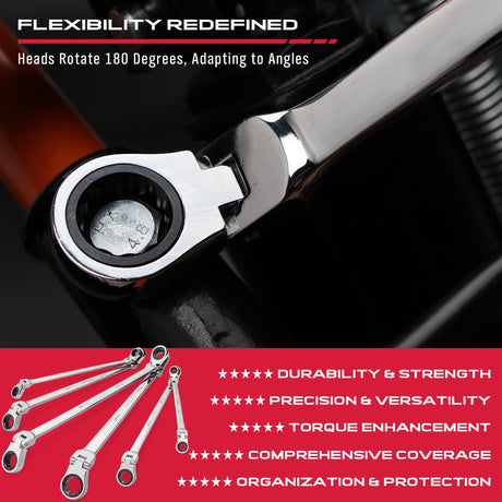 Extra Long Flex-Head Ratcheting Wrench Set, Anti-Slip 6-Piece Double Box End Wrench Set, 72-Teeth, Metric 8-19mm, CR-V Steel Wrench with Rolling Pouch