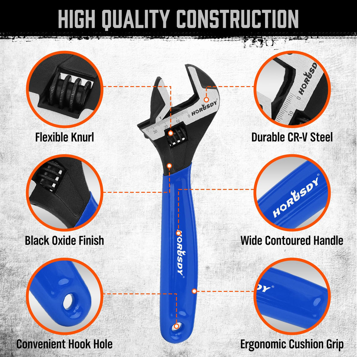 HORUSDY 3-Piece Adjustable Wrench Set (6/8/10 in), Wide Jaw Black Oxide Finish, Cr-V Steel, Metric & SAE Scales, Adjustable Spanner Set for Home Garage Workshop