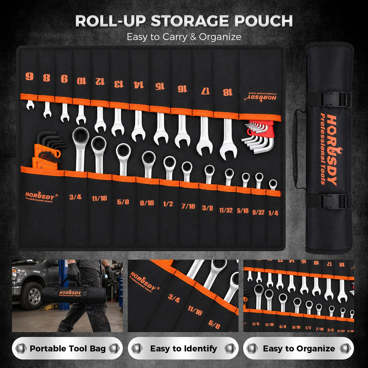 48-Piece Ratcheting Wrench Set, Metric 6-18mm & SAE 1/4-3/4", Cr-V Steel 72 Teeth Ratchet Wrench with Roll Up Pouch and Hex Keys