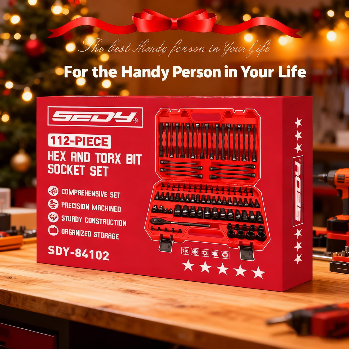 112-Piece Torx and Allen Bit Socket Set, 1/4", 3/8",1/2" Drive Bit Socket Set with Quick-Release Ratchet Wrench, Adapters, Extra long torx/Tamper proof torx/Hex/Ball End Hex/E-Trox,SAE/Metric,S2 Steel