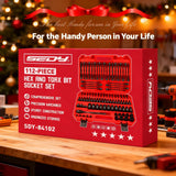 112-Piece Torx and Allen Bit Socket Set, 1/4", 3/8",1/2" Drive Bit Socket Set with Quick-Release Ratchet Wrench, Adapters, Extra long torx/Tamper proof torx/Hex/Ball End Hex/E-Trox,SAE/Metric,S2 Steel