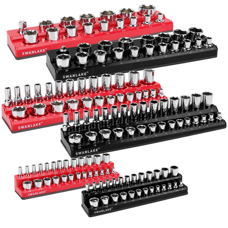 6-piece Magnetic Socket Organizer Set, Metric & SAE Drive Socket Holder, Includes 1/4", 3/8", 1/2", Holds 143 Pieces Magnetic Trays Red Black