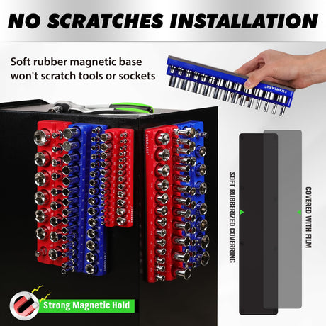 8-Piece Magnetic Socket Organizer Set, SAE & Metric Socket Holders for 1/4", 3/8", 1/2" Drive, Holds 199 Sockets, Rubber-Coated Toolbox Storage Trays, Blue and Red Tool Box Organizer