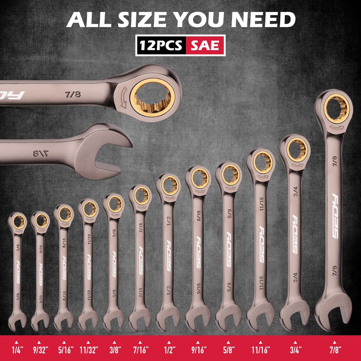 Premium 12-Piece SAE Ratchet Wrenches Set with Magnetic Organizer 1/4"-7/8", 72-Tooth Ratcheting Wrench Set, Cr-V Steel Ratchet Combination Wrench Set for Automotive, Machine Repair