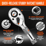 HORUSDY 3 Piece 90T Stubby Ratchet Handle Set, 1/4" 3/8" 1/2" Drive Mini Socket Wrench, Compact Reversible Ratchets for Tight Spaces, Car & Home Repair, DIY, Mechanic Tool
