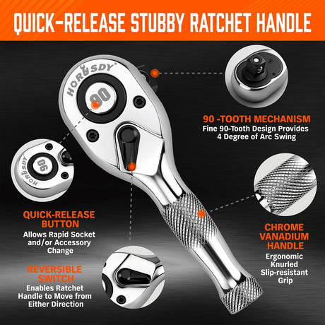 HORUSDY 3 Piece 90T Stubby Ratchet Handle Set, 1/4" 3/8" 1/2" Drive Mini Socket Wrench, Compact Reversible Ratchets for Tight Spaces, Car & Home Repair, DIY, Mechanic Tool