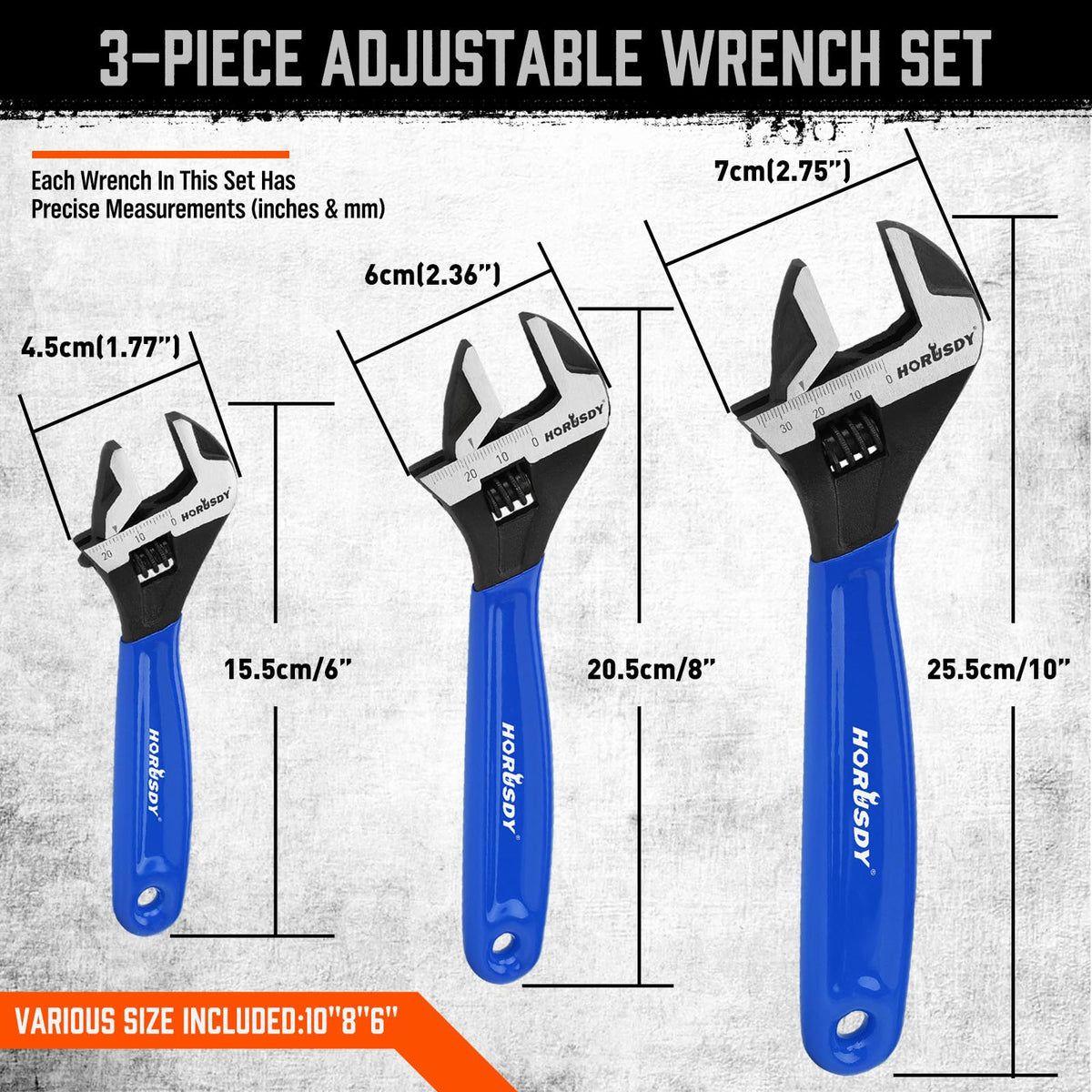 HORUSDY 3-Piece Adjustable Wrench Set (6/8/10 in), Wide Jaw Black Oxide Finish, Cr-V Steel, Metric & SAE Scales, Adjustable Spanner Set for Home Garage Workshop