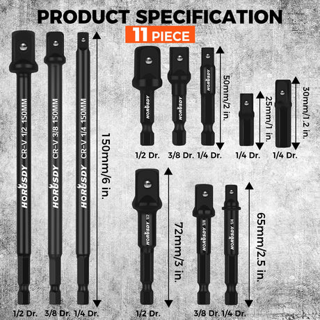 HORUSDY 11-Piece Impact Socket Adapter Set, 1/4-Inch Hex Shank, Cr-V Steel High Torque Drill Extension Bits, 1/4" 3/8" 1/2" Impact Driver Socket Adapters with Storage Holder