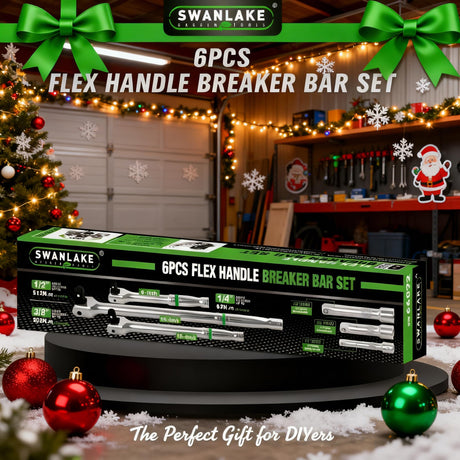 6-Piece Premium Breaker Bar Set, 1/4", 3/8" & 1/2" Drive, Heavy Duty Breaker Bars, 6-inch, 10-inch, 15-inch Length with 180° Rotatable Head