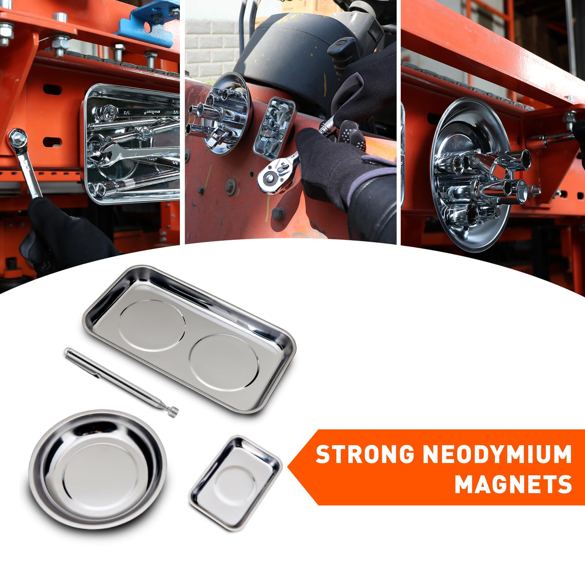 HORUDSY 4PC Magnetic Tray Set with Magnet Stick – Extra Strong Magnets, Stainless Steel Trays, and Telescoping Pickup Tool for Organizing and Retrieving Metal Parts