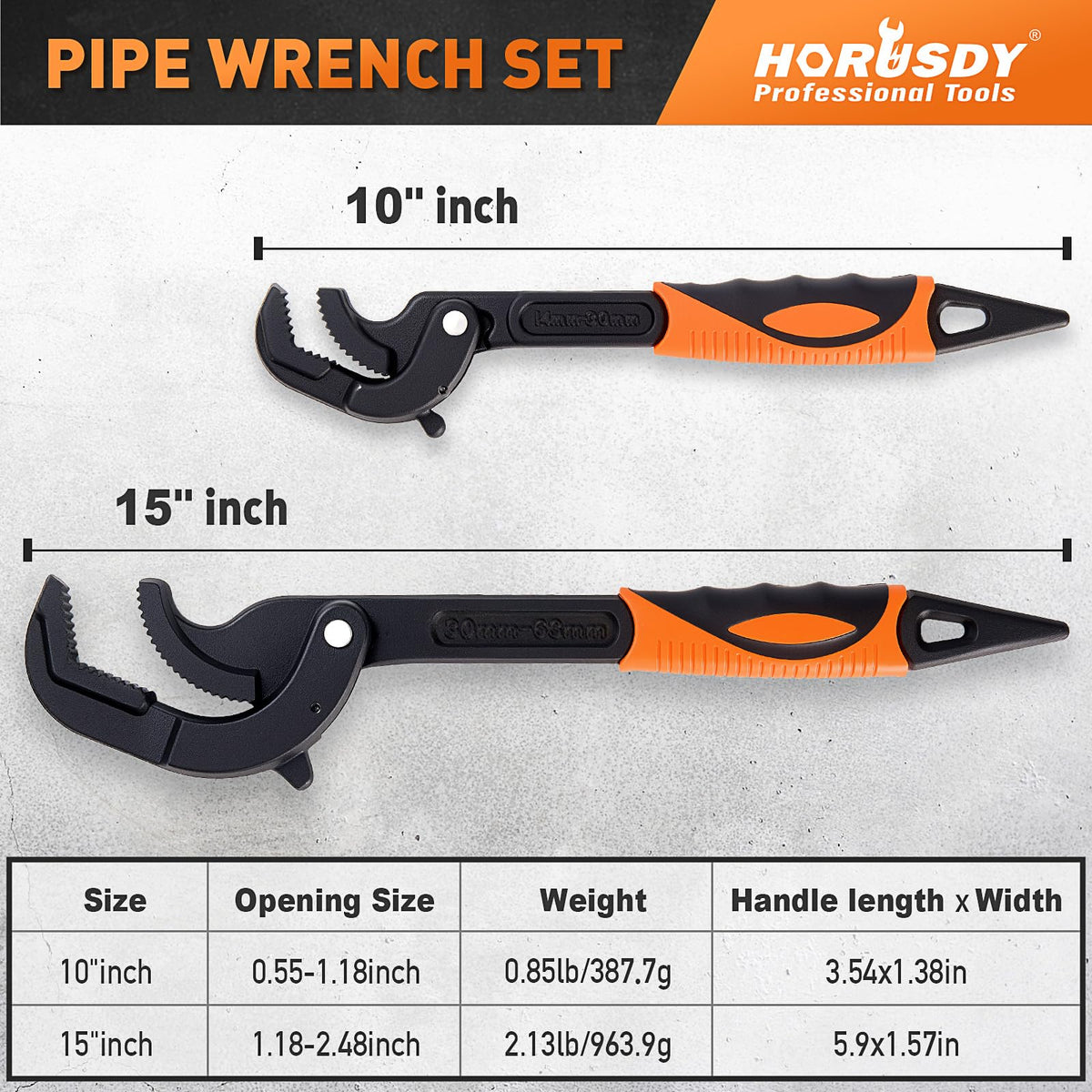 HORUSDY Heavy Duty Pipe Wrench Set, 10” and 15” Self-Adjusting Pipe Wrenches for Plumbing and HVAC, 2-Piece Pipe Vise Tool Kit for Standard and Irregular Nuts, Pipes, Fixtures – Pipe Wrench Set | Amazon US image 3