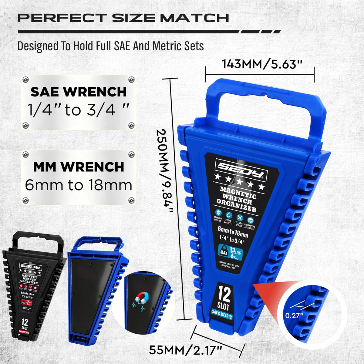 2-Piece Magnetic Wrench Organizer, 24-Slot Wrenches Holder Set with Lock Cover Metric 6–18mm & SAE 1/4-3/4", Wrench Rack Tool Trays with Carrying Handle for Wall Mount Toolbox Drawer Storage