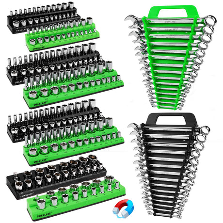 10-Piece Magnetic Socket and Wrench Organizer Set, 1/4", 3/8", 1/2" Drive Metric SAE Socket Organizer, Magnetic Wrench Holder 30 Slots Total, Tool Box Organizers (Sockets Wrenches not Included)