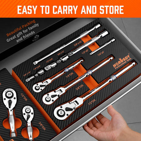 10-Piece Flex-Head Ratchet Set, 1/4", 3/8" & 1/2" Drive Socket Wrenches, 90-Tooth Quick-Release Reversible Low-Profile, Extension Bars (4", 10", 6") & 4 Adapters for Automotive, Bike, and Home Repair