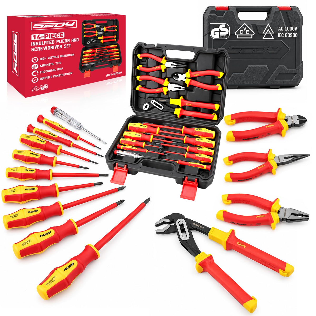 Insulated Screwdriver & Pliers Set: 14-Piece VDE Insulated Set 1000V Insulated Electrician Tool Set with Magnetic Phillips, Slotted Screwdrivers and Insulated Pliers