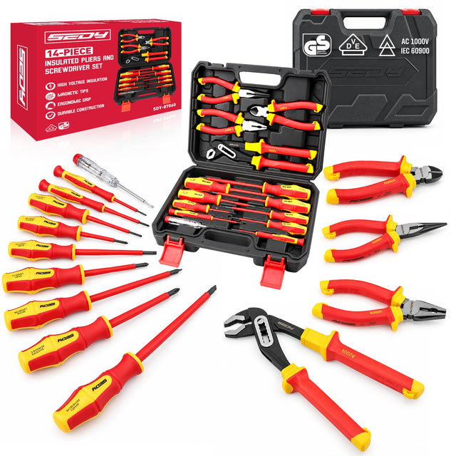 Insulated Screwdriver & Pliers Set: 14-Piece VDE Insulated Set 1000V Insulated Electrician Tool Set with Magnetic Phillips, Slotted Screwdrivers and Insulated Pliers