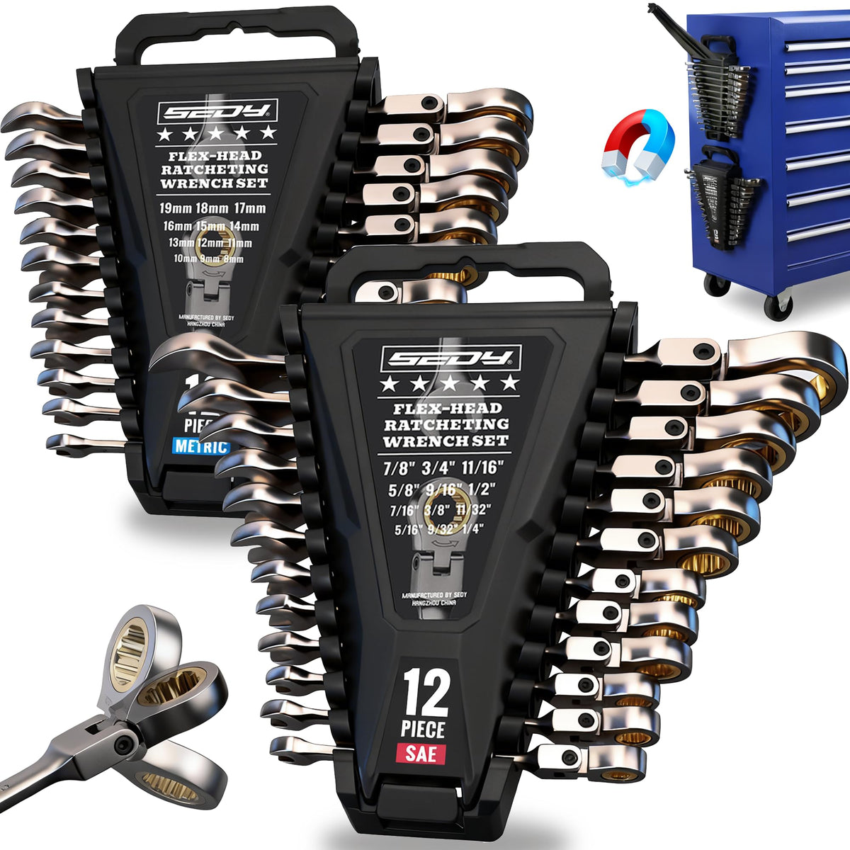 Premium 24-Piece Flex-Head Ratchet Wrenches Set with Magnetic Organizers, Metric SAE 8-19mm 1/4"-7/8", Cr-V Ratcheting Wrenches with 72 Teeth 180° Flex Head, Ratchet Combination Wrench Set for Repair