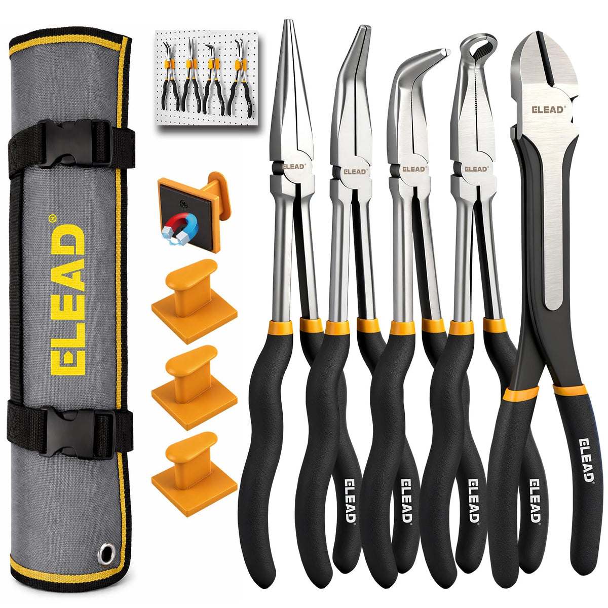 5-Piece 11 Inch Long Needle Nose Pliers Set with 4 Magnetic Plier Racks, Extra Long Reach Pliers Set, 45° & 90° Bent Needle Nose Pliers, Circle Nose and Diagonal Pliers for Tight Spaces