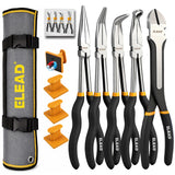 5-Piece 11 Inch Long Needle Nose Pliers Set with 4 Magnetic Plier Racks, Extra Long Reach Pliers Set, 45° & 90° Bent Needle Nose Pliers, Circle Nose and Diagonal Pliers for Tight Spaces