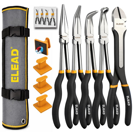 5-Piece 11 Inch Long Needle Nose Pliers Set with 4 Magnetic Plier Racks, Extra Long Reach Pliers Set, 45° & 90° Bent Needle Nose Pliers, Circle Nose and Diagonal Pliers for Tight Spaces