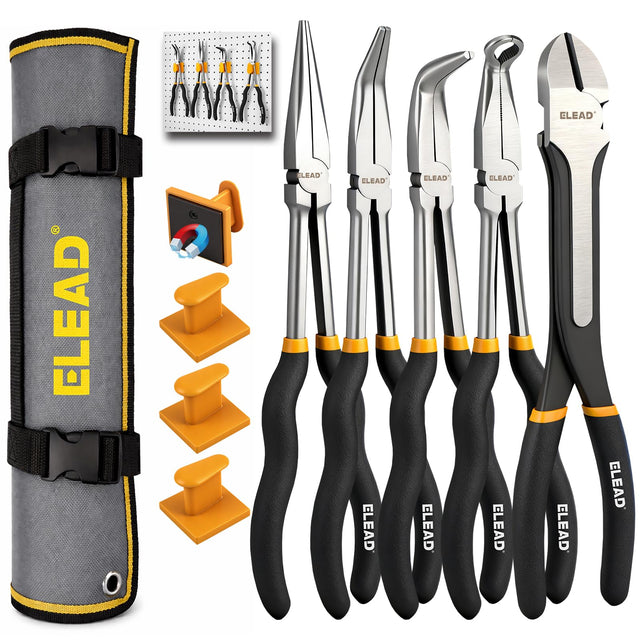 5-Piece 11 Inch Long Needle Nose Pliers Set with 4 Magnetic Plier Racks, Extra Long Reach Pliers Set, 45° & 90° Bent Needle Nose Pliers, Circle Nose and Diagonal Pliers for Tight Spaces