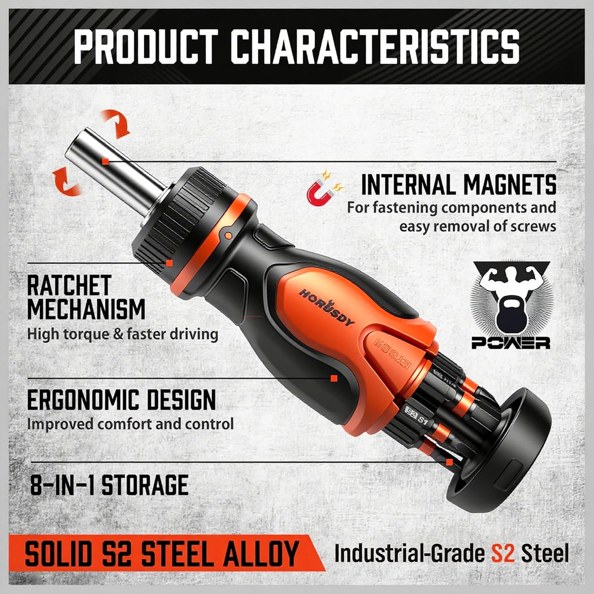 HORUSDY Magnetic Portable Screwdriver Bit Set: 8-in-1 Ratcheting Screw Driver Includes 1/4”Bit Driver Holder, 7 Screwdriver Bits with Phillips, Slotted, Square, Hex, for Garage & Daily Repair