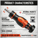 HORUSDY Magnetic Portable Screwdriver Bit Set: 8-in-1 Ratcheting Screw Driver Includes 1/4”Bit Driver Holder, 7 Screwdriver Bits with Phillips, Slotted, Square, Hex, for Garage & Daily Repair